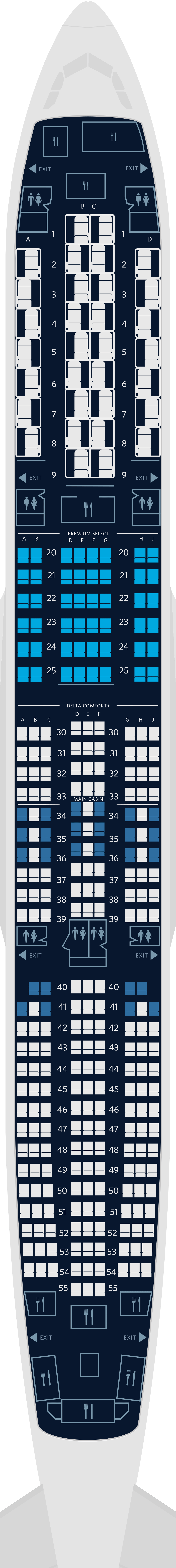 Mapa de assentos do Airbus A350-900 com 4 cabines