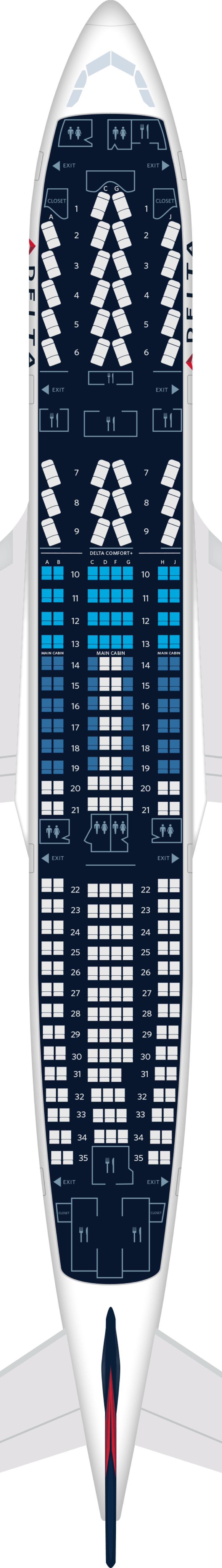空客a330-200飞机座位地图,规格和服务设施 达美航空公司