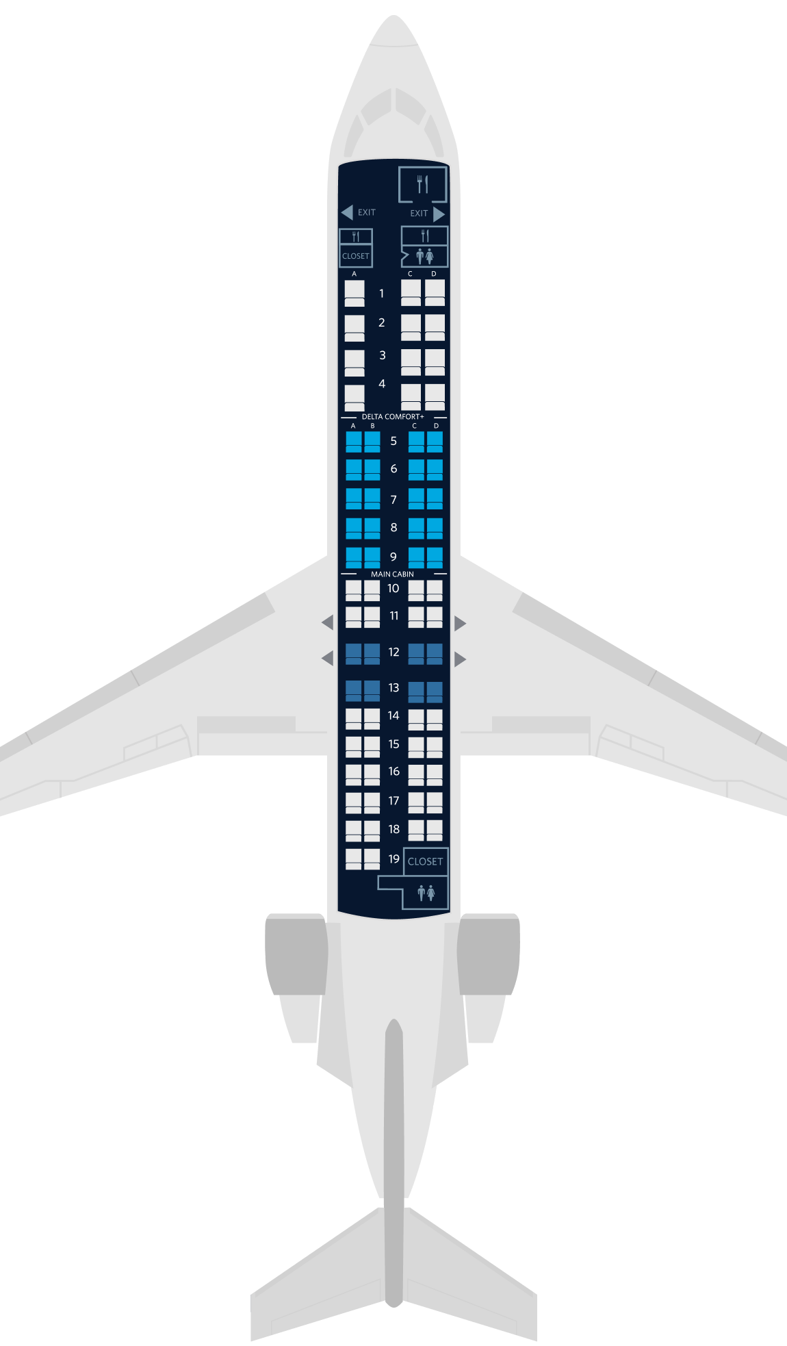 庞巴迪crj-900飞机座位地图,规格和服务设施:达美航空公司