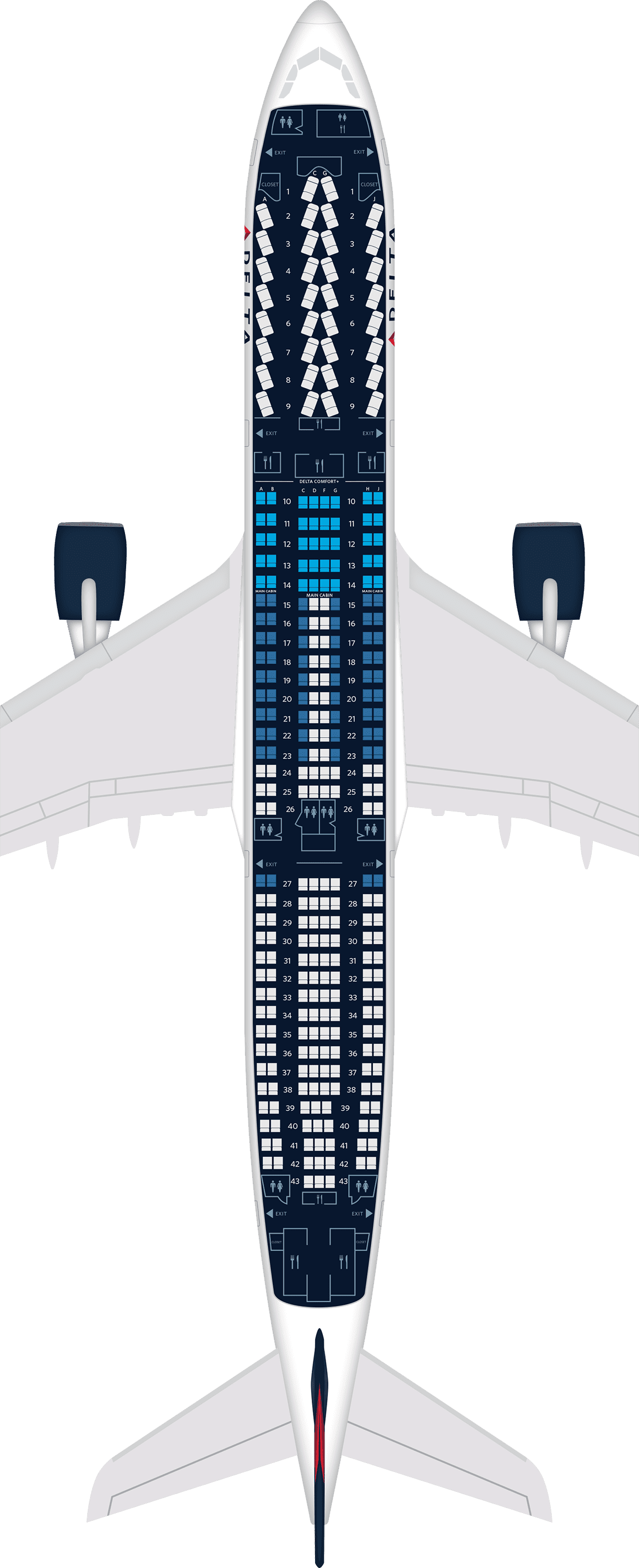 空客a330-300飞机座位地图,规格和服务设施:达美航空公司