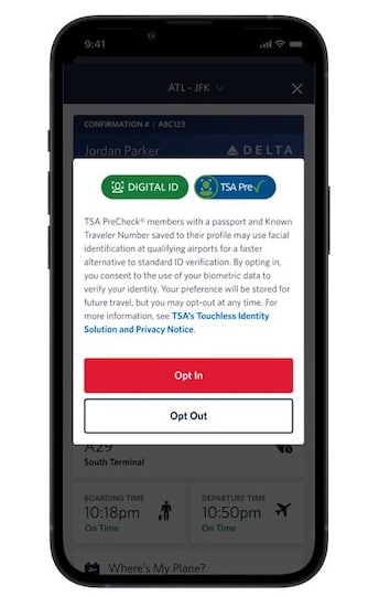 iPhone with TSA Touchless Precheck and Digital ID Opt In Screen in Fly Delta