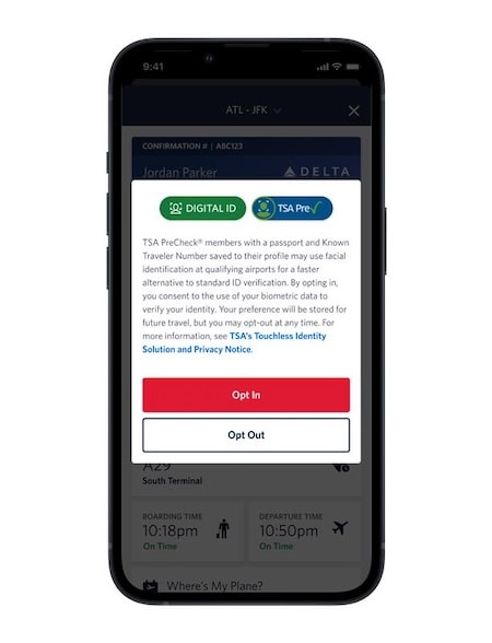 iPhone with TSA Touchless Precheck and Digital ID Opt In Screen in Fly Delta