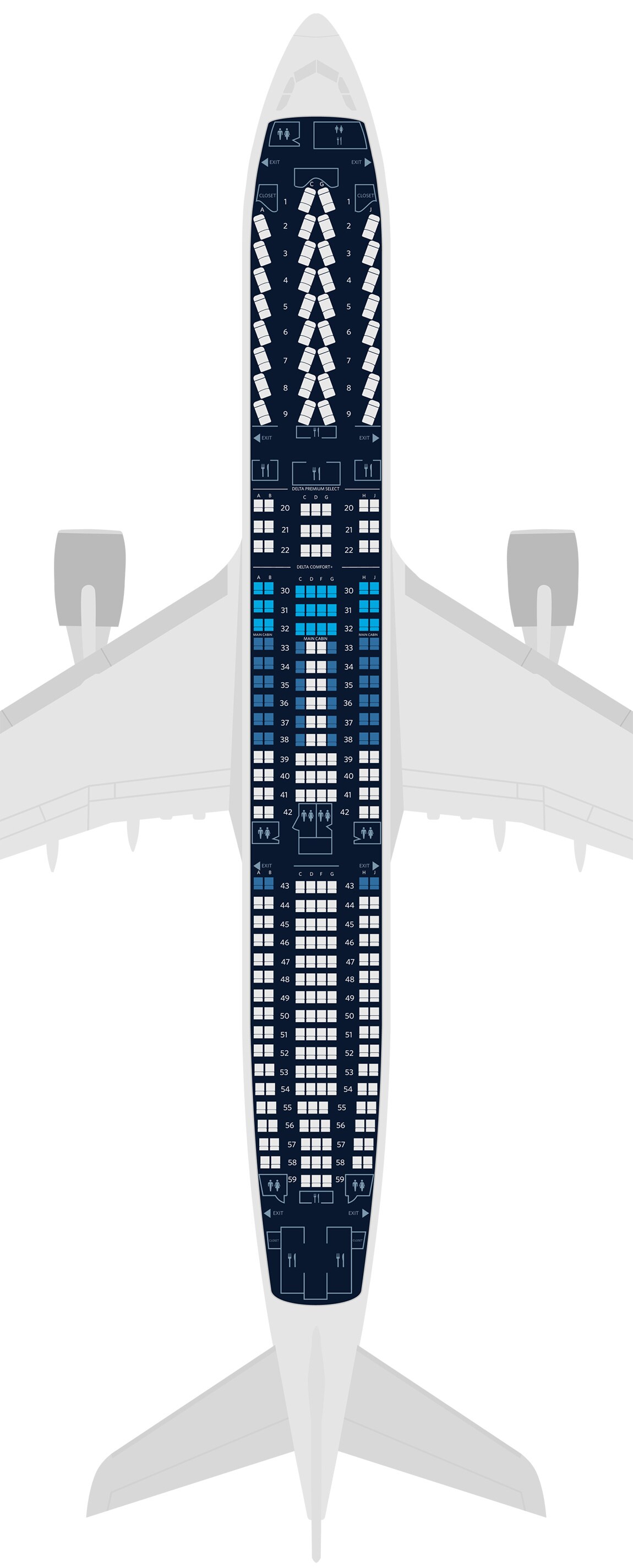 Representação do mapa de assentos da aeronave A330-300 