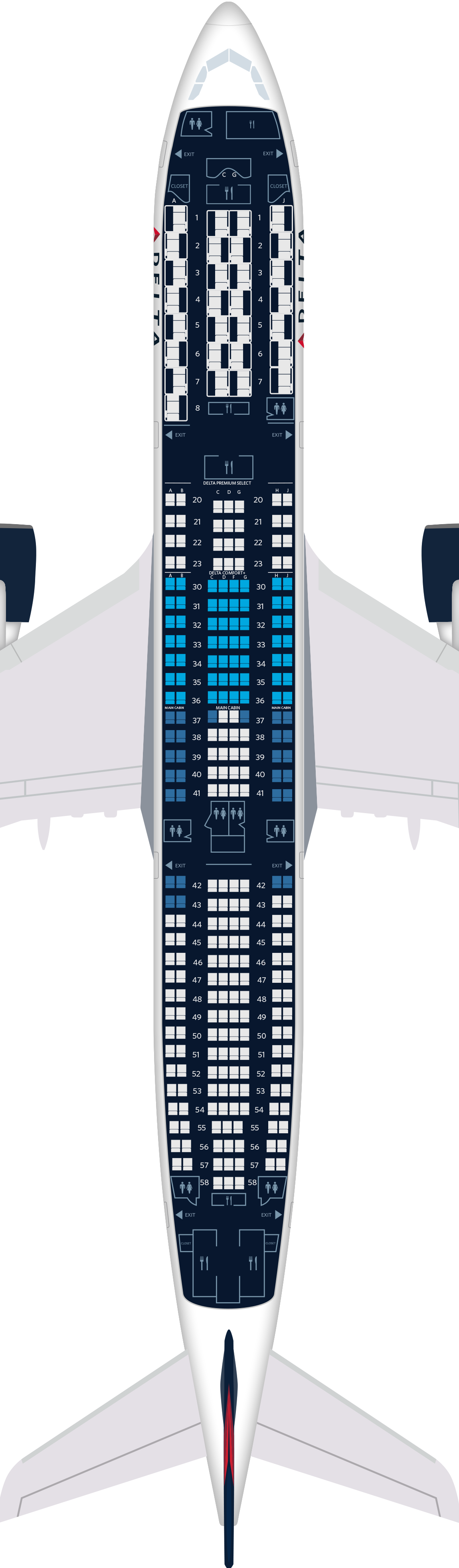 空客a330-900飞机座位图,规格和服务设施:达美航空公司