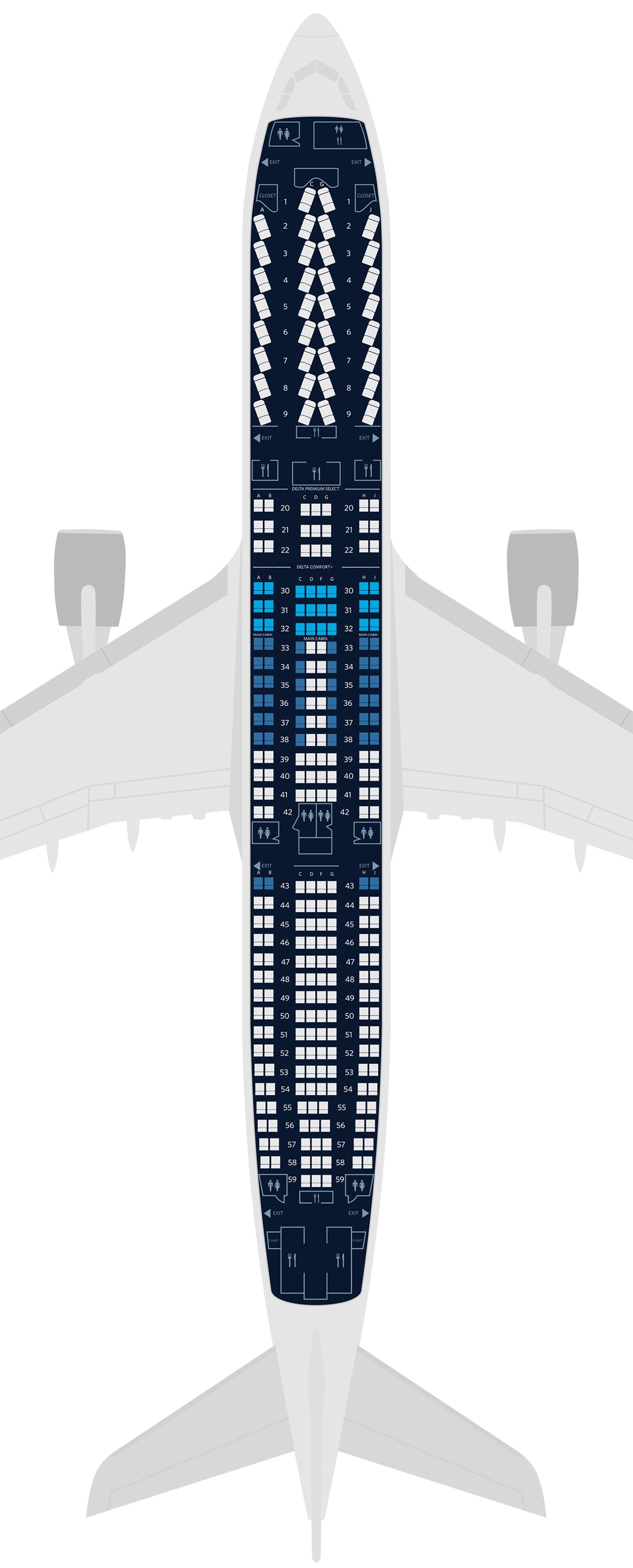 Representación del mapa de asientos de la aeronave A330-300