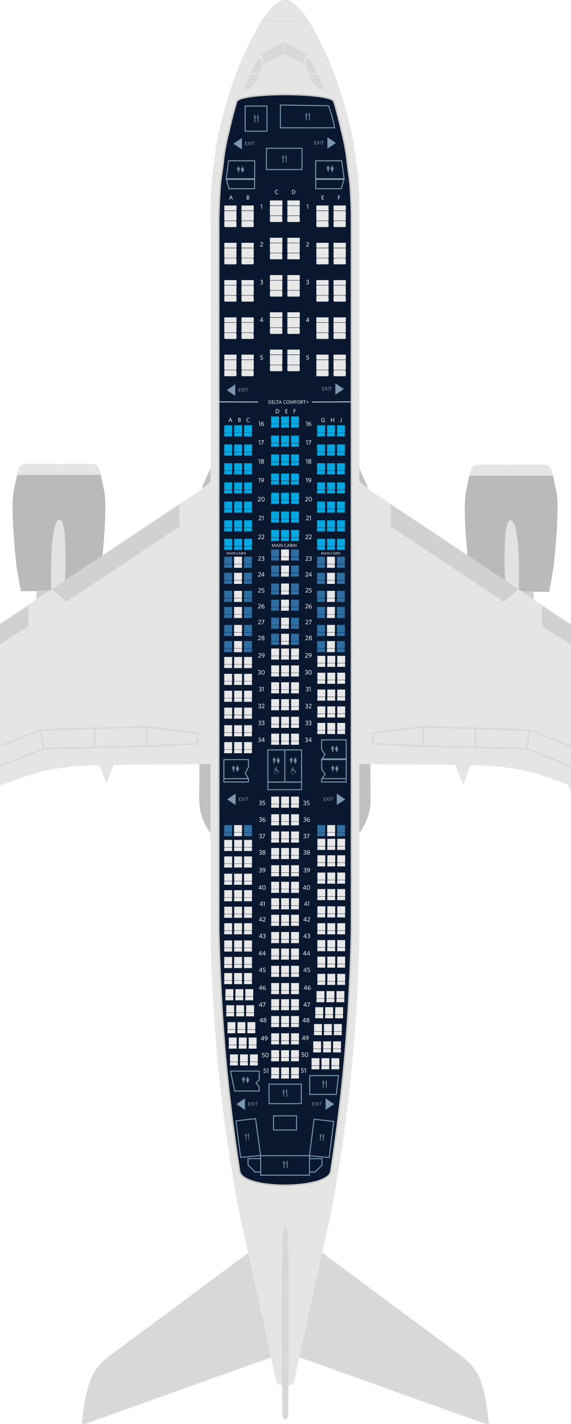 Mapa de asientos del Airbus A350-900 de 3 cabinas