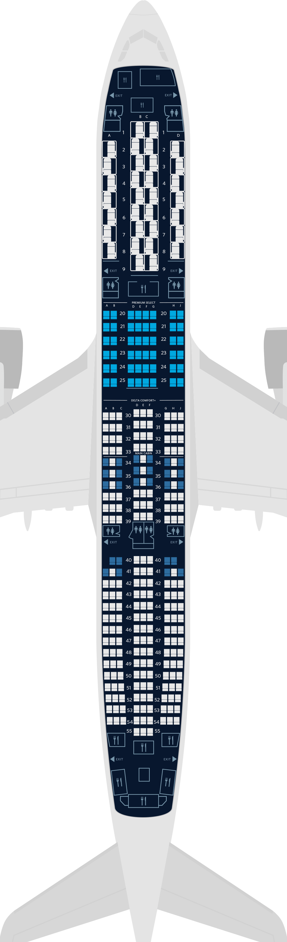  Mapa de asientos del Airbus A350-900 de 4 cabinas