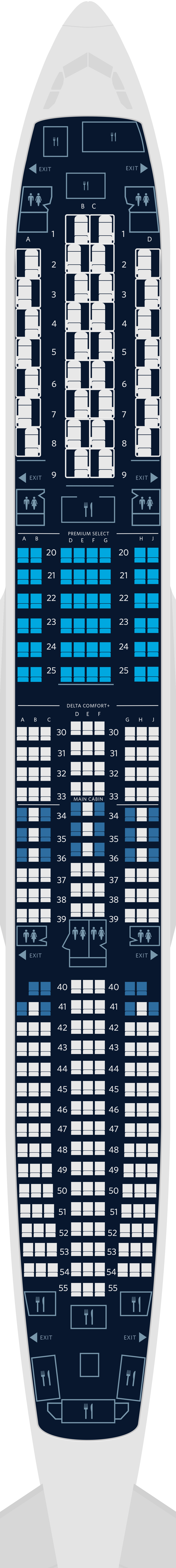  Mapa de assentos do Airbus A350-900 com 4 cabines
